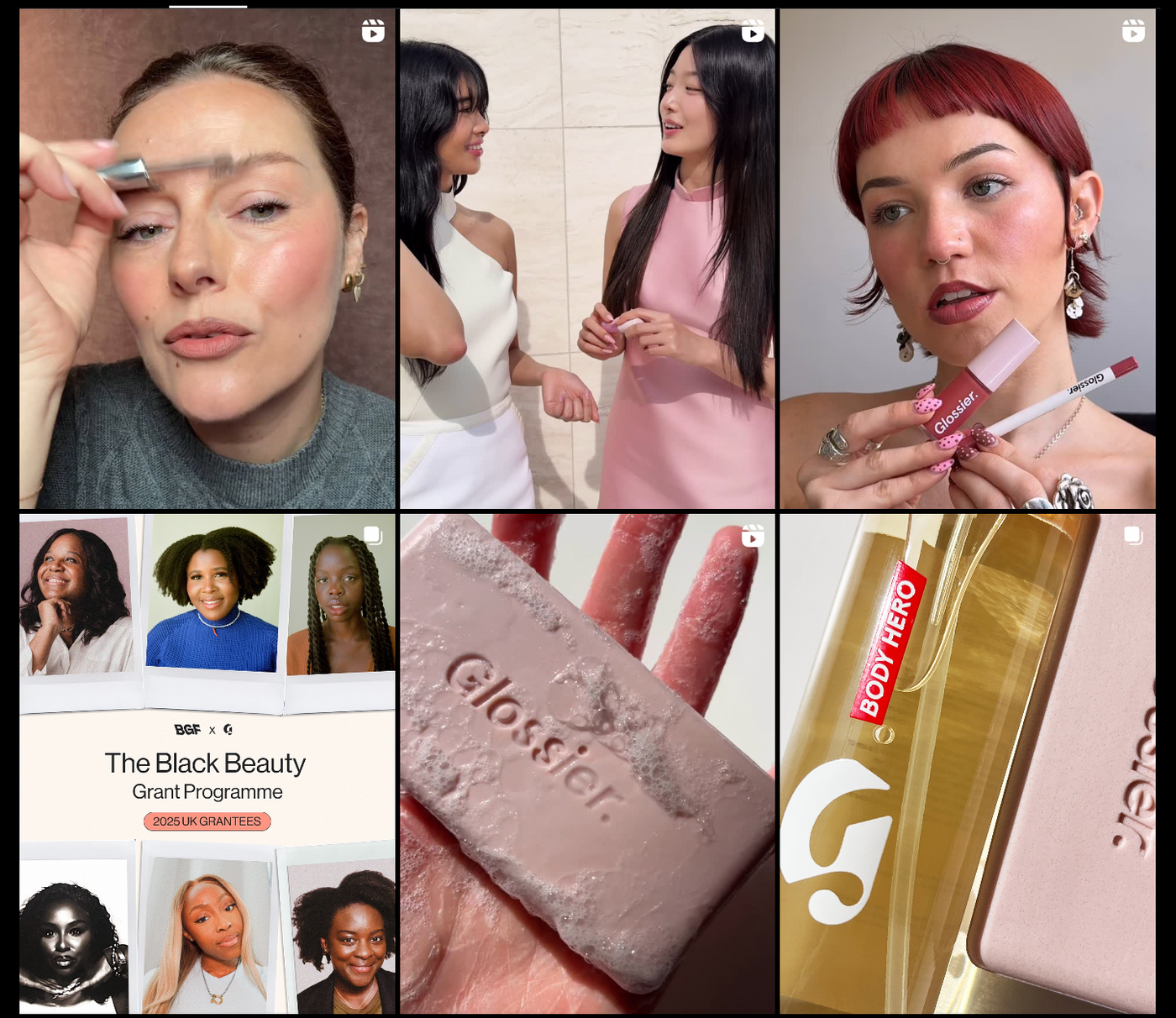 Collage: person applies brow makeup, two women chat, person holds Glossier lip product, beauty grant announcement, Glossier soap and Body Hero bottle.