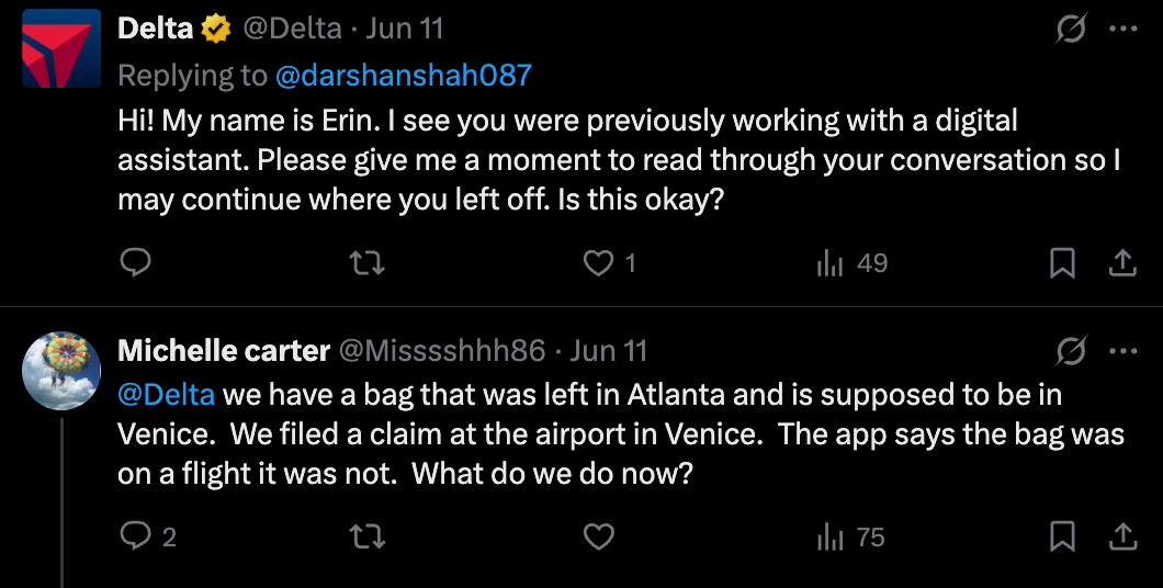 Delta responds to a luggage issue tweet from a user. The user reports a bag left in Atlanta, meant for Venice, asking for help.