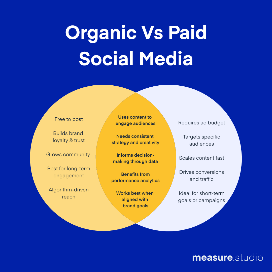 Venn diagram compares Organic vs Paid Social Media. Organic: Free, builds loyalty. Paid: Needs budget, targets specific. Overlap: Data-driven.