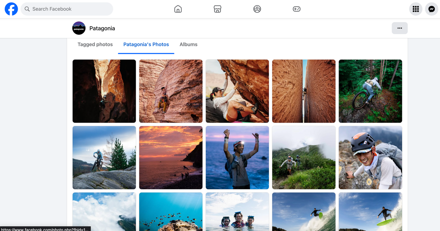 Outdoor adventure photos on Patagonia's Facebook, featuring climbing, biking, surfing, and hiking in diverse landscapes. Vibrant, dynamic shots.