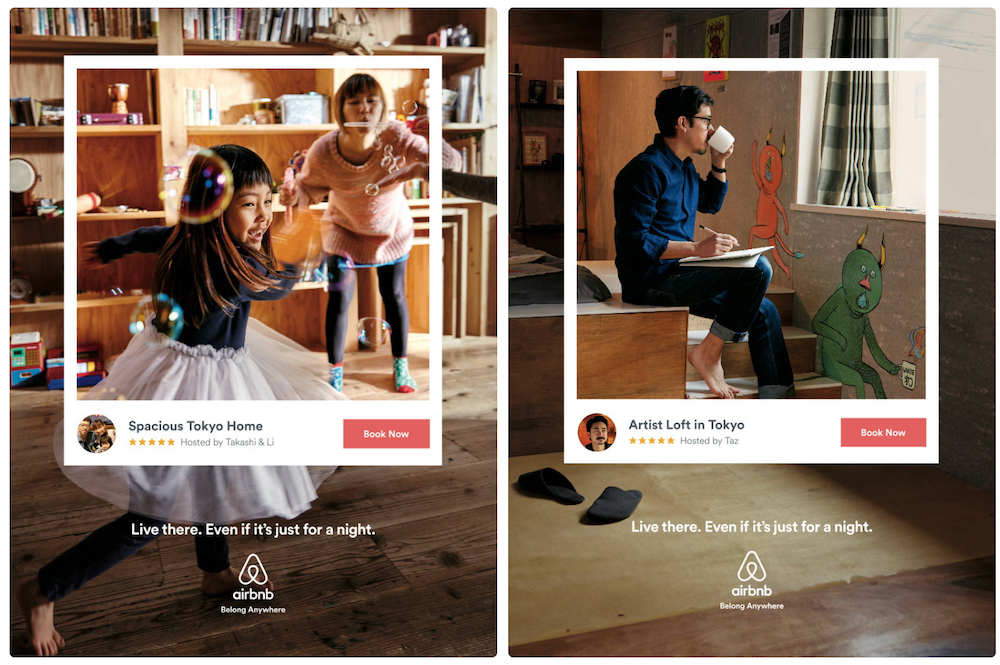 Two-part Airbnb ad: left shows kids playing with bubbles in a cozy room; right features a man sketching in a loft. Both have "Book Now" text.