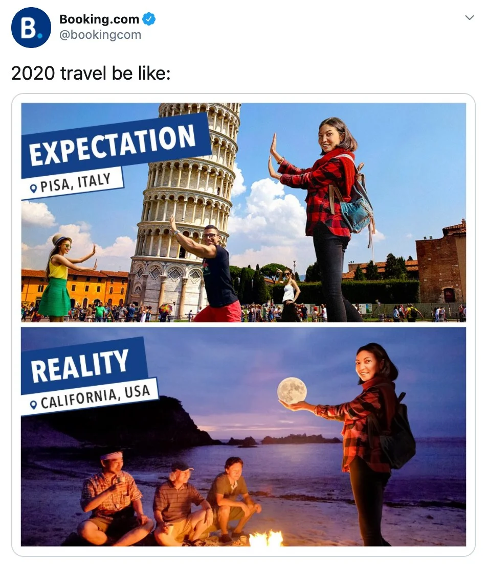 "Split image: Top shows tourists posing by Pisa's Leaning Tower; bottom depicts friends at a California beach with a full moon."