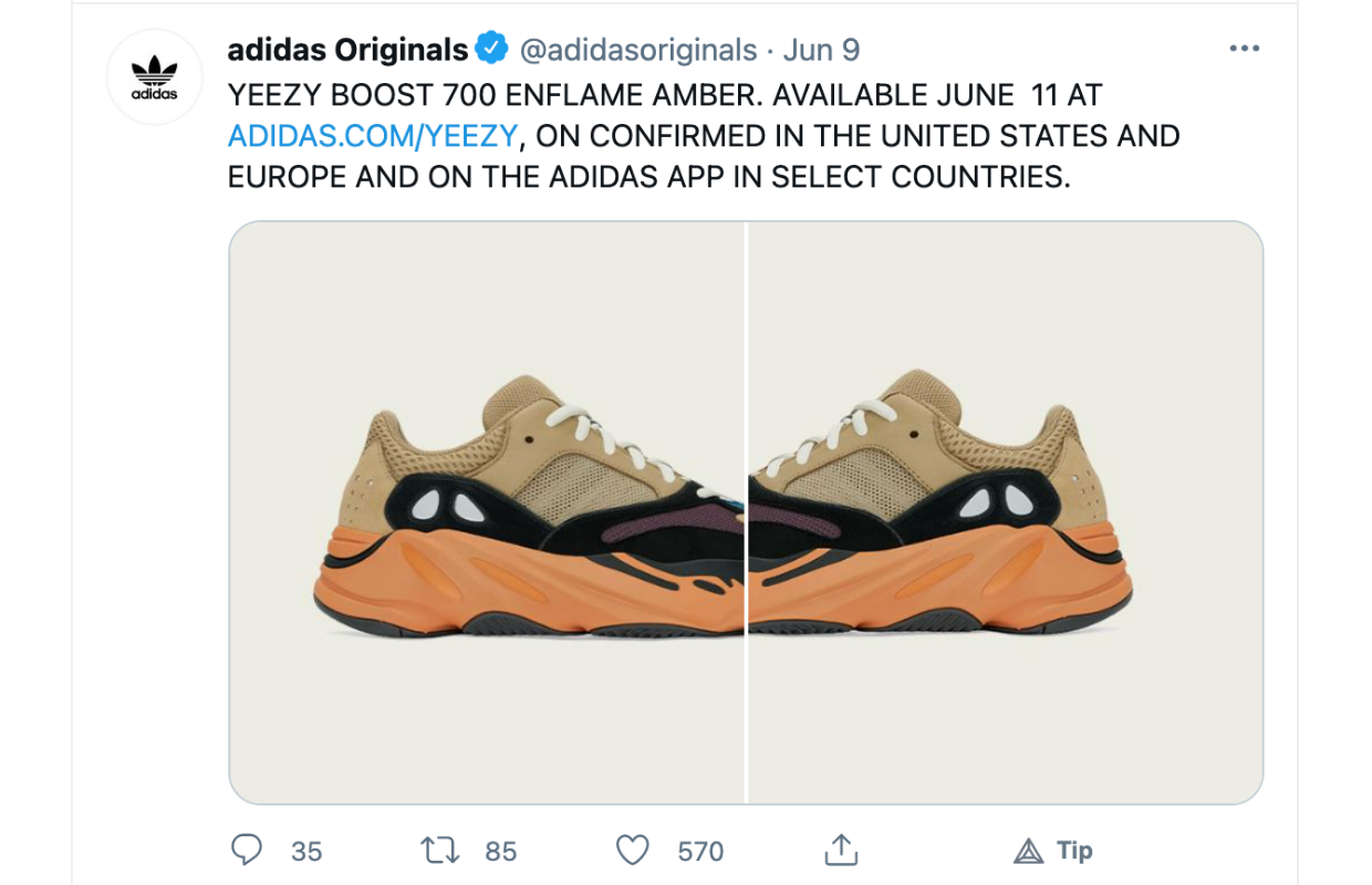 Sneakers with tan, black, and orange design are shown. Text above reads "YEEZY BOOST 700 ENFLAME AMBER. AVAILABLE JUNE 11...".