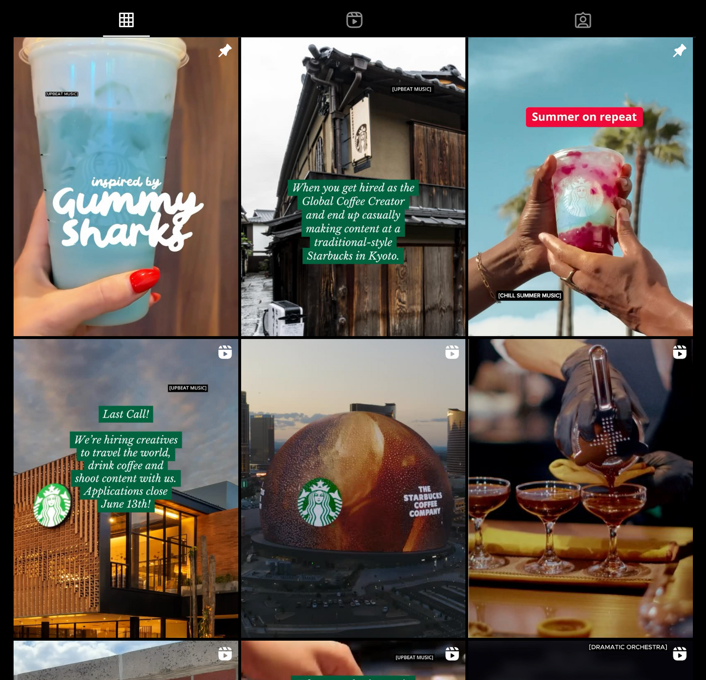 Split-screen collage showing Starbucks-themed beverages, creative opportunities, and a Kyoto setting. Text highlights global coffee roles.