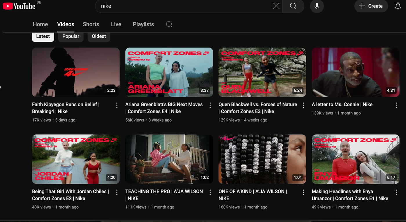 YouTube video thumbnails featuring athletes and celebrities in various settings with bold "Comfort Zones" and "Breaking4" text. Nike branding visible.