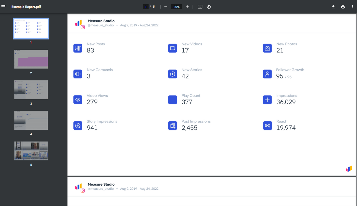 Digital report showing social media stats: New Posts 83, Videos 17, Photos 21, Follower Growth 95, Impressions 36K, Reach 19K. White background.