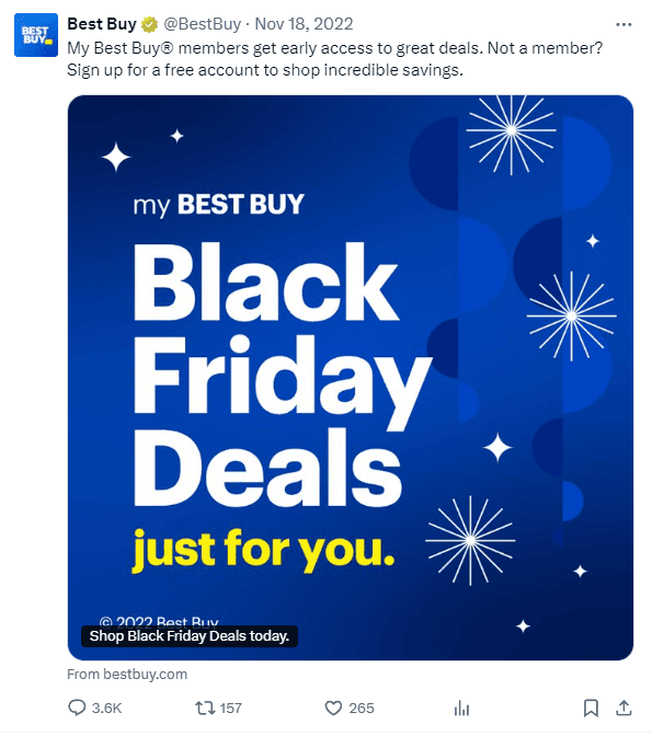 Best Buy ad with blue background, stars, and text: "Black Friday Deals just for you." Mood is promotional and inviting.