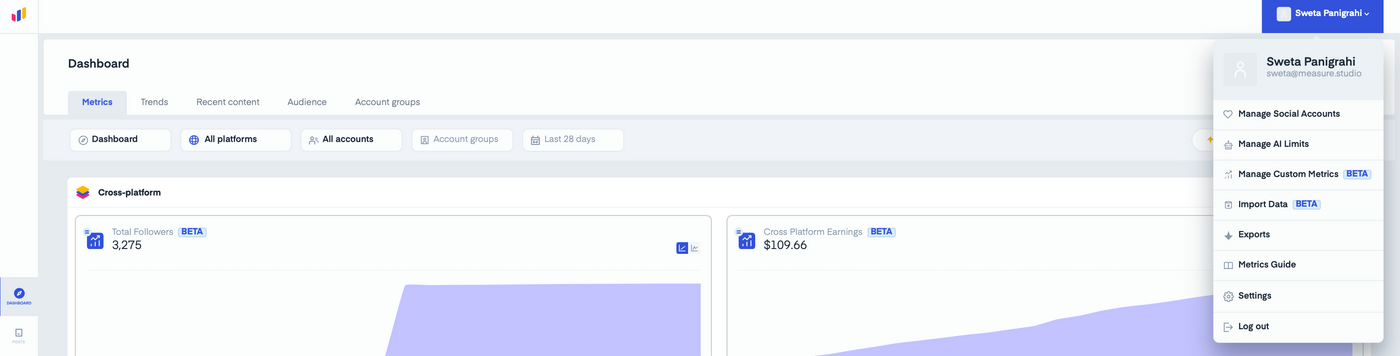 Dashboard screenshot with metrics like Total Followers (3,275) and Earnings ($109.66). Dropdown shows user options like Manage Social Accounts.