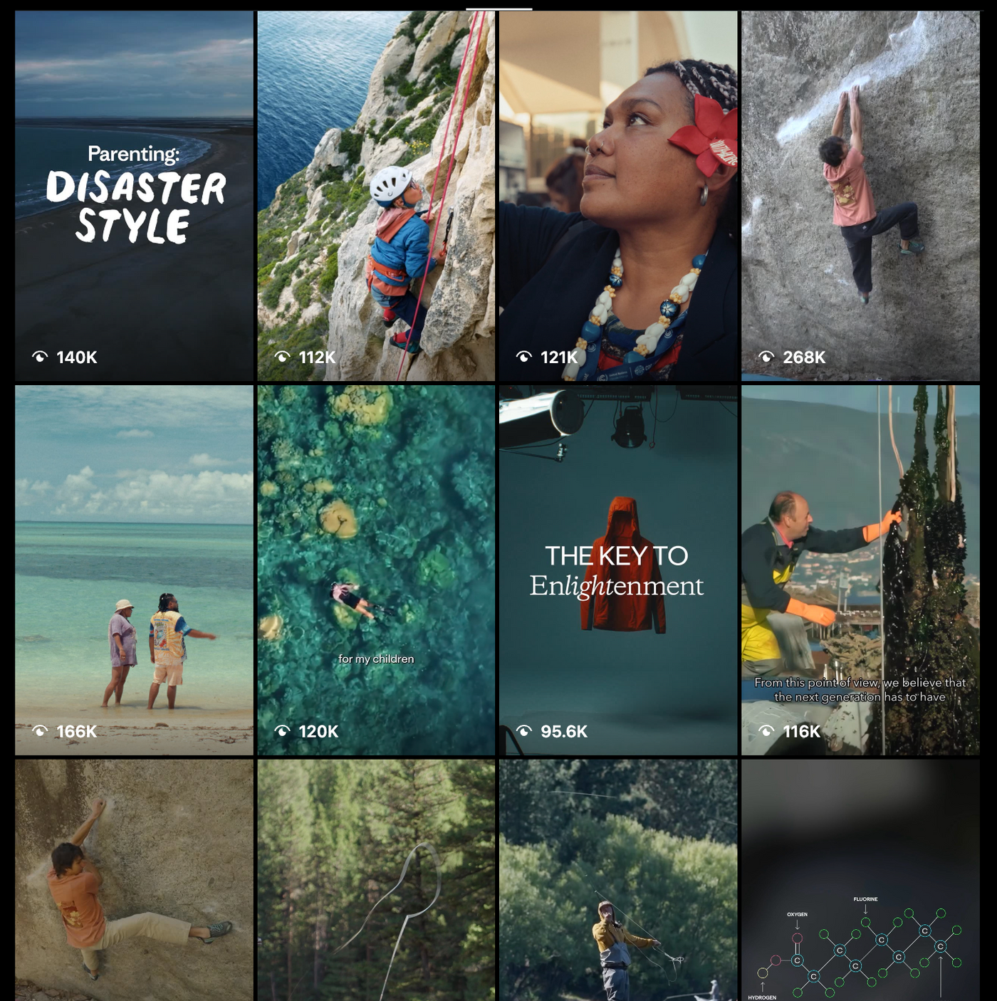 Grid of 12 images: landscapes, climbing, portraits, underwater swimming, text "THE KEY TO Enlightenment," and scenic views. Views range from 95.6K to 268K.